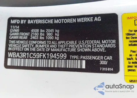 2015 BMW 435I из США, поврежденный, VIN WBA3R1C59FK194599